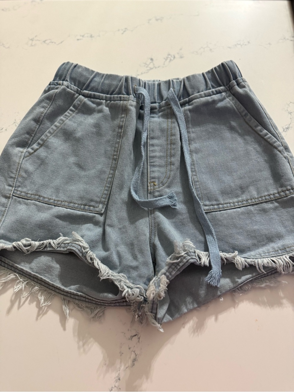 SHEIN Light Blue Denim Drawstring Frayed Hem Women's Shorts